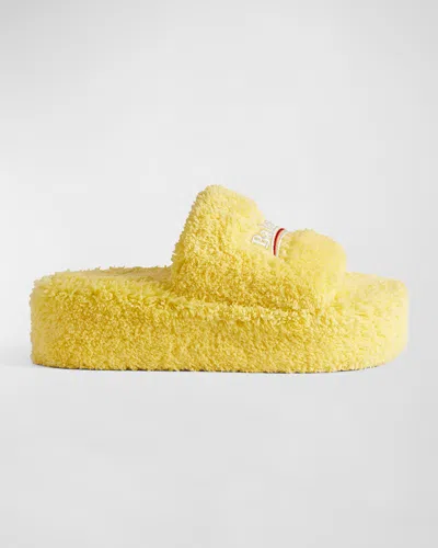 Balenciaga Shaggy Logo Slide Platform Sandals In Yellow/wht/red