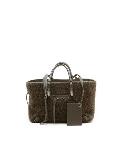 Balenciaga Shearling Mini Papier Tote Bag In Green