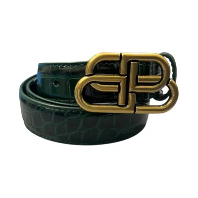 Pre-owned Balenciaga Shiny Crocodile Embossed Calf Bb Belt In Green