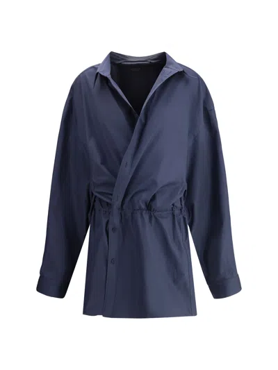 Balenciaga Elasticated Waistband Cotton Shirt Mini Dress In Blue