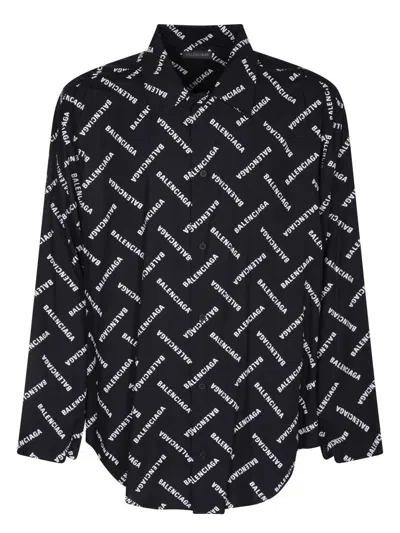 Balenciaga All-over Logo Long Sleeve Shirt In Black