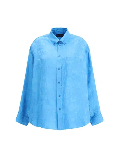 Balenciaga Floral-jacquard Cocoon Long-sleeve Shirt In Blue