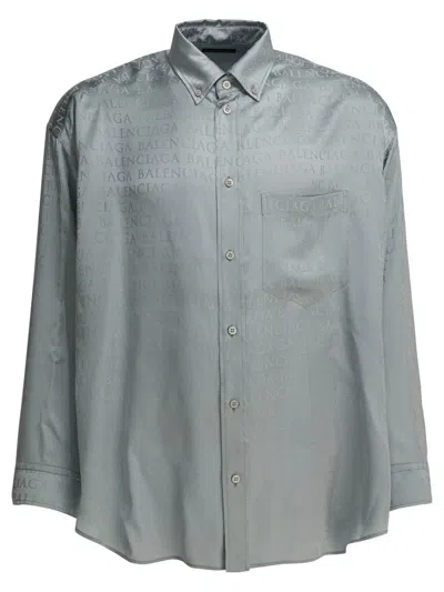 Balenciaga All-over Logo Long-sleeved Shirt In Gray