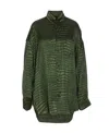 Balenciaga Crocodile Print Satin Button Down Cocoon Blouse In Green