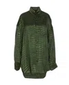 Balenciaga Crocodile Print Satin Button Down Cocoon Blouse In Green