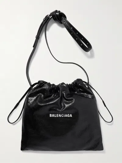Balenciaga Shopper Cracked-leather Pouch In Black