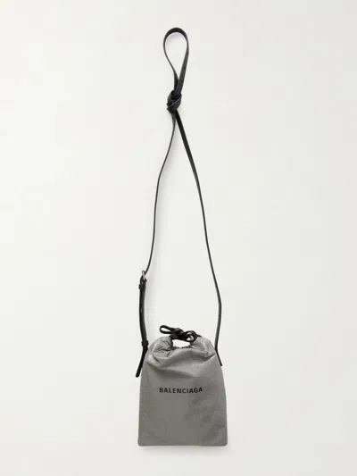 Balenciaga Shopper Logo-debossed Crinkled-leather Phone Pouch In Gray