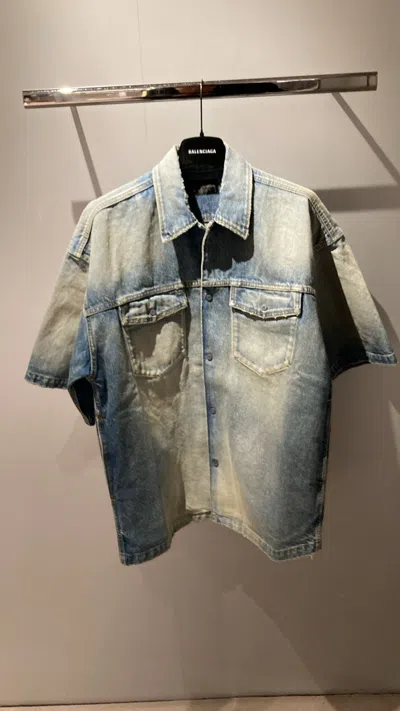 Balenciaga Short-sleeved Denim Shirt In Blue
