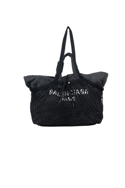 Balenciaga Canvas Fishnet Layer Logo Print Handbag In Black