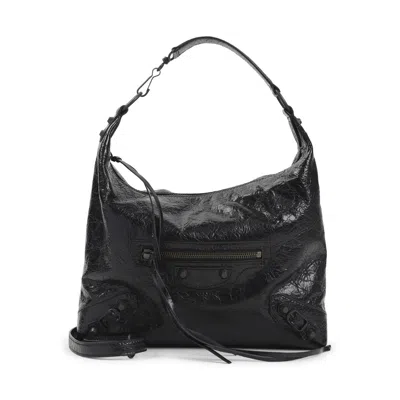Balenciaga Le City Small Embellished Textured-leather Shoulder Bag In Black
