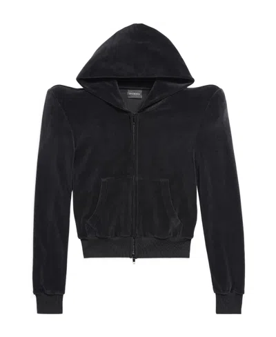 Balenciaga Shoulder-pad Zip-up Velvet Hoodie In Black
