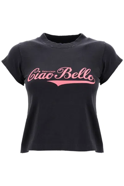 Balenciaga Printed Cropped T-shirt In Washed Black