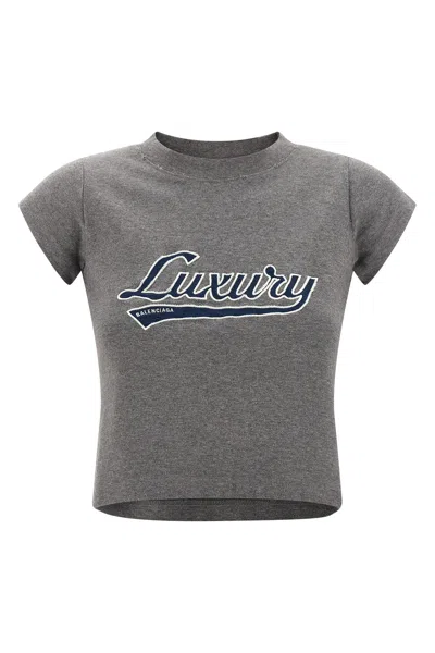 Balenciaga Grey Shrunk Luxury Script T-shirt In Gray