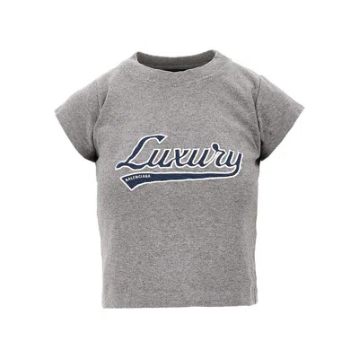 Balenciaga 'shrunk Luxury Script' T-shirt In Gray