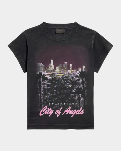 Balenciaga City Of Angels Cropped Printed Stretch-cotton Jersey T-shirt In Multi