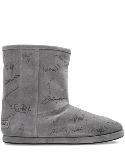 Balenciaga Signature Print Boots In Gray