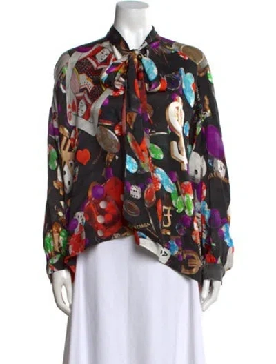 Pre-owned Balenciaga Silk Graphic Print Blouse In Black