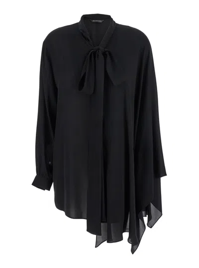 Balenciaga Silk Pussybow Blouse With Asymmetric Sleeves And Relaxed Fit In Multi