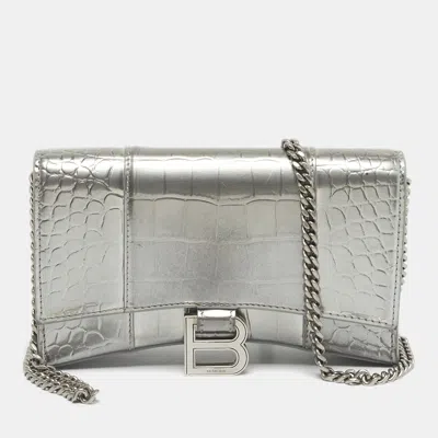 Pre-owned Balenciaga Silver Croc Embossed Patent Leather Hourglass Wallet On Chain
