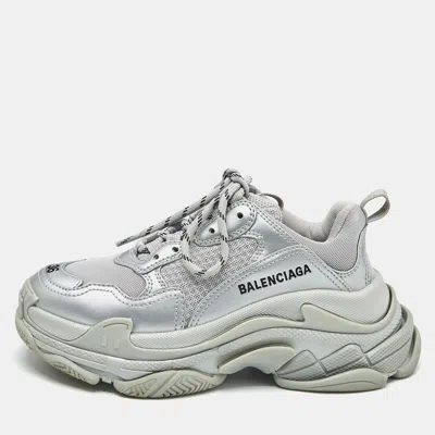 Pre-owned Balenciaga Silver Faux Leather And Mesh Triple S Sneakers Size 36