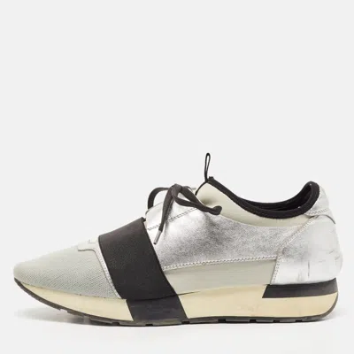 Pre-owned Balenciaga Silver Leather And Fabric Race Runner Low Top Sneakers Size 40