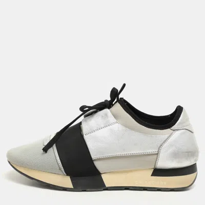 Pre-owned Balenciaga Silver Leather And Knit Fabric Race Runner Low Top Sneakers Size 39