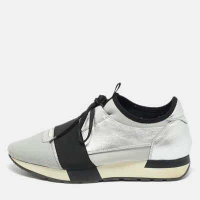 Pre-owned Balenciaga Silver Leather And Mesh Race Runner Low Top Sneakers Size 39