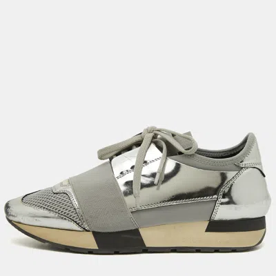 Pre-owned Balenciaga Silver Leather And Mesh Race Runner Sneakers Size 36