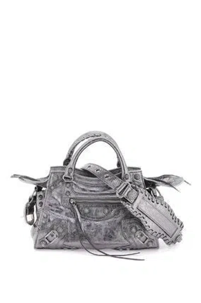 Balenciaga Silver Leather Crossbody Bag For Women With Adjustable Strap & Removable Pouch In Gray