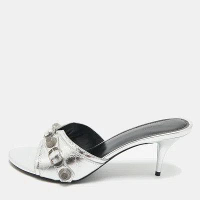 Pre-owned Balenciaga Silver Leather Le Cagole Slide Sandals Size 40
