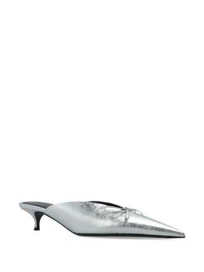 Balenciaga Knife Metallic Bow Mule Pumps In Silver
