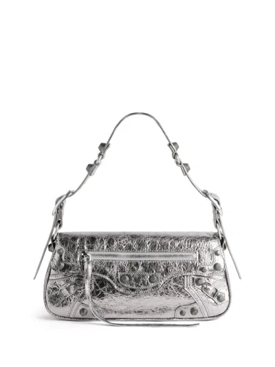 Balenciaga Silver-tone Leather Crossbody Bag With Adjustable Strap And Studded Magnet Closure In Gray