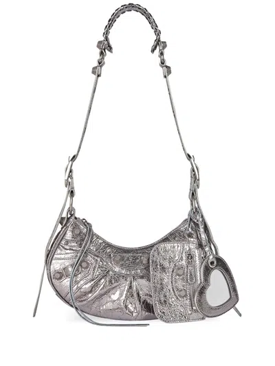 Balenciaga Silver-tone Mini Shoulder Handbag With Woven Leather Strap And Knotted Zip Pull In Gray