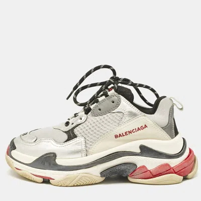 Pre-owned Balenciaga Silver/black Faux Leather And Mesh Triple S Sneakers Size 38