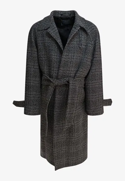 Balenciaga Single-breasted Checked Wool Long Coat In Multi