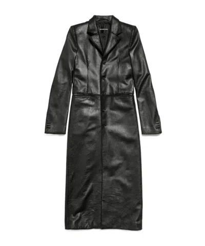 Balenciaga Single-breasted Leather Coat In Black