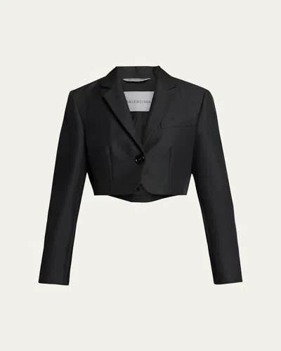 Balenciaga Single-breasted Wool Twill Crop High-low Jacket In Black