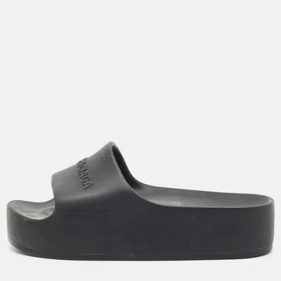 Pre-owned Balenciaga Size 36 Black Rubber Logo Chunky Pool Flat Slide