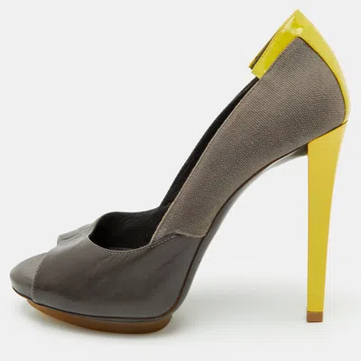Pre-owned Balenciaga Size 36 Grey/yellow Canvas And Leather Platform Peep Toe Pumps In Gray