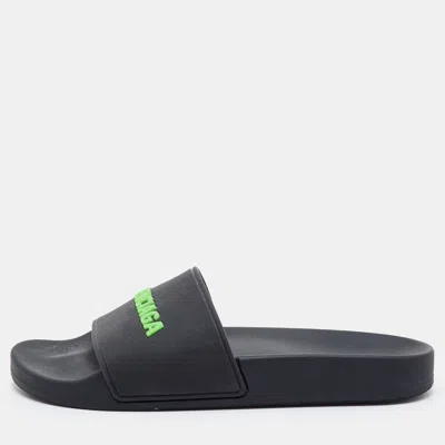 Pre-owned Balenciaga Size 37 Black Rubber Logo Pool Slide Sandals