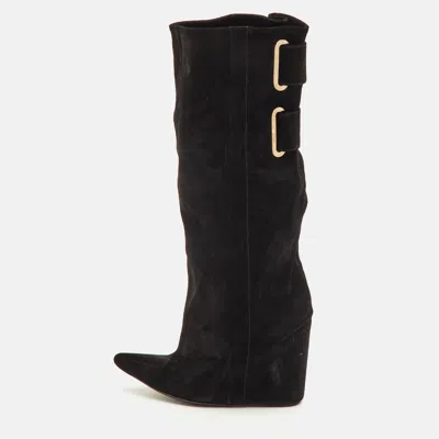Pre-owned Balenciaga Size 38 Black Suede Pointed Toe Wedge Knee Length Boots