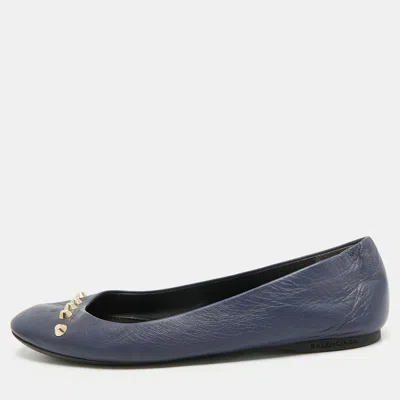 Pre-owned Balenciaga Size 38 Navy Blue Leather Studded Ballet Flats