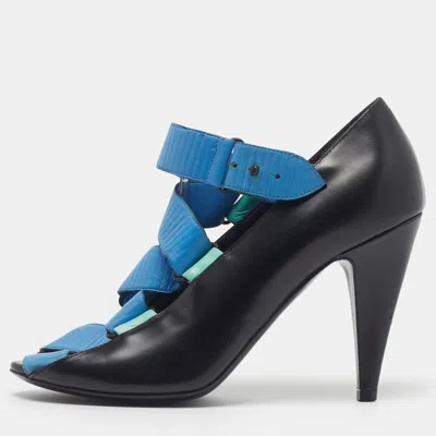 Pre-owned Balenciaga Size 39 Black/blue Leather Peep Toe Thick Strap Pumps