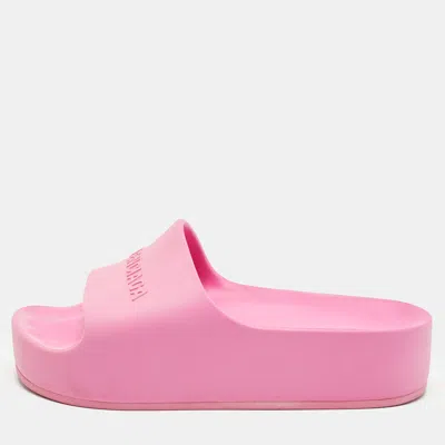 Pre-owned Balenciaga Size 39 Pink Rubber Logo Chunky Pool Flat Slide In Black