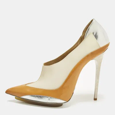 Pre-owned Balenciaga Size 41tricolor Faux Leather And Patent Leather Pointed Toe Platform Pumps In Sand