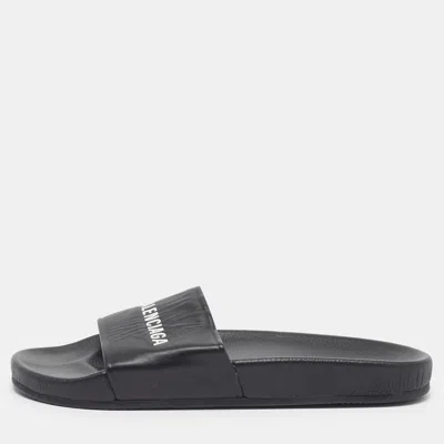 Pre-owned Balenciaga Size 42 Black Leather Logo Slide Sandals