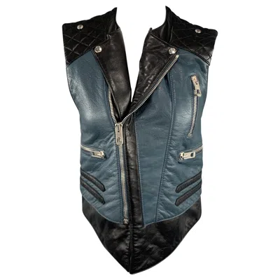 Pre-owned Balenciaga Size 8 Black & Teal Blue Quilted Leather Biker Vest In Green