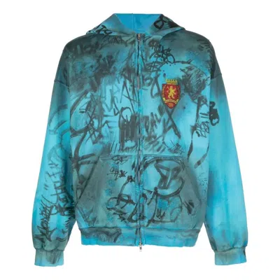 Balenciaga Distressed Logo Patch Hoodie In Azure