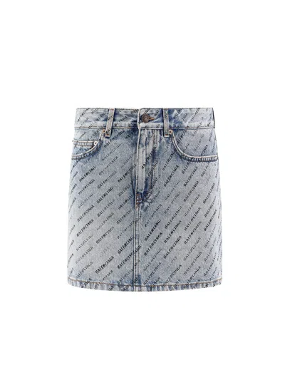 Balenciaga Denim Mini Skirt With Logos In Blue