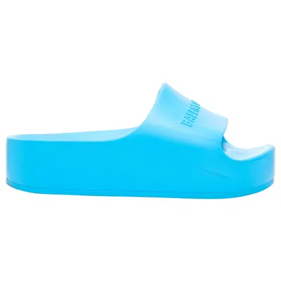 Pre-owned Balenciaga Sky Blue Logo Embossed Rubber Platform Chunky Slides Eu38